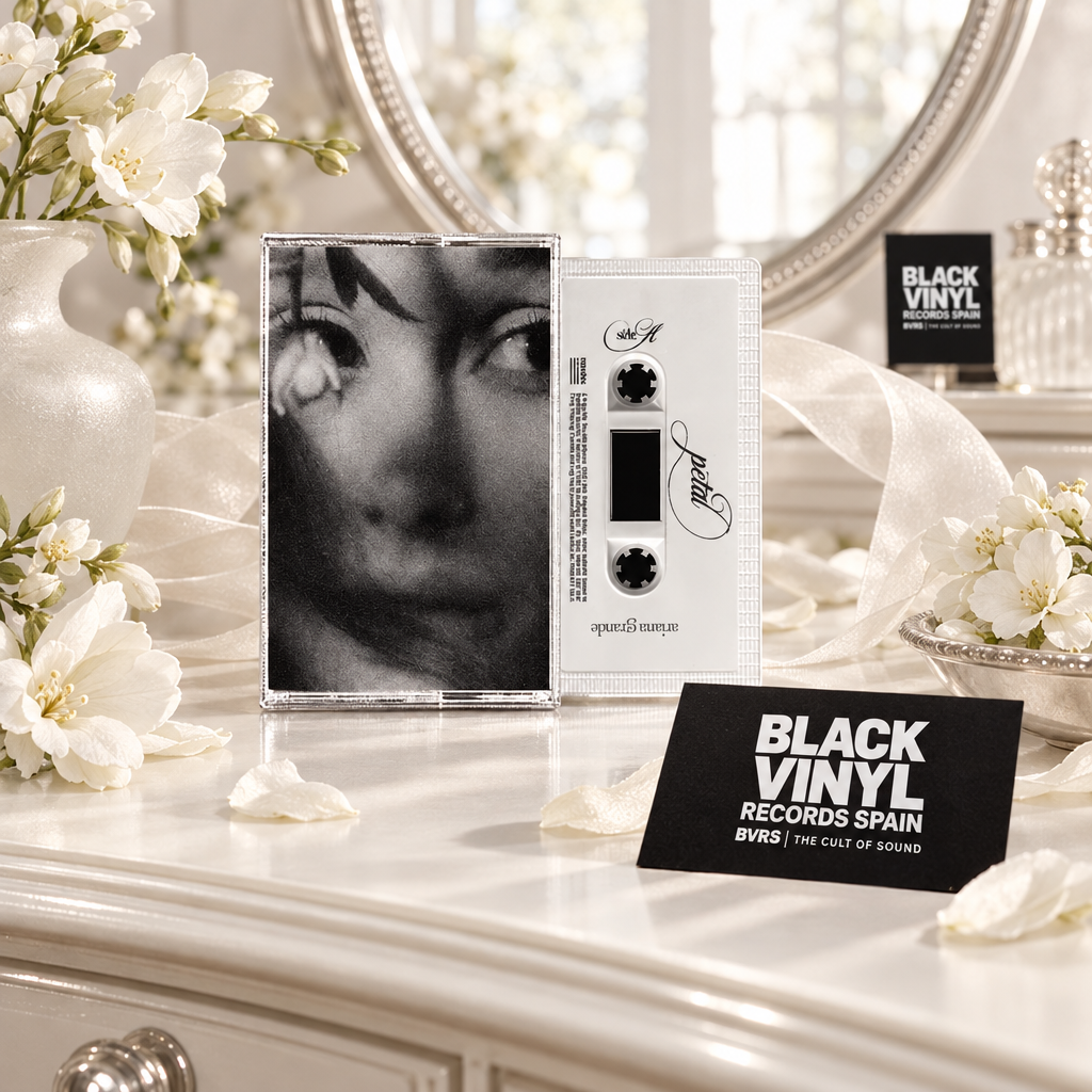 Cassette de Ariana Grande en un tocador luminoso con flores blancas y tarjetas de Black Vinyl Records Spain