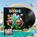 OASIS de Bad Bunny y J Balvin en un mundo tropical BVRS con laguna turquesa, palmeras y arcoíris