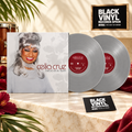 Celia Cruz con dos vinilos plateados en una escena editorial de Black Vinyl Records Spain