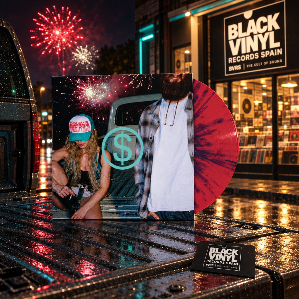 Escena BVRS con portada y vinilo rojo splatter, fuegos artificiales y cartel y tarjeta de Black Vinyl Records Spain