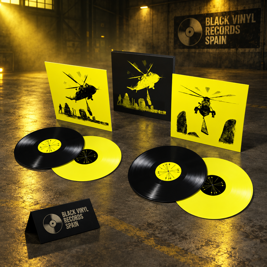 Edición con dos vinilos negros y dos amarillos, tres cubiertas con helicóptero, en escena BVRS
