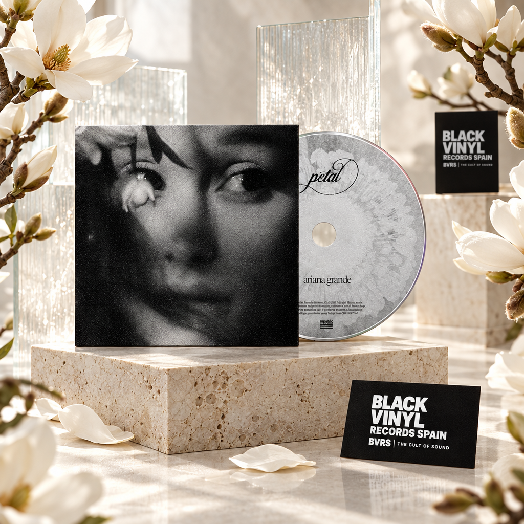CD de Ariana Grande con portada en blanco y negro, magnolias blancas y tarjetas de Black Vinyl Records Spain