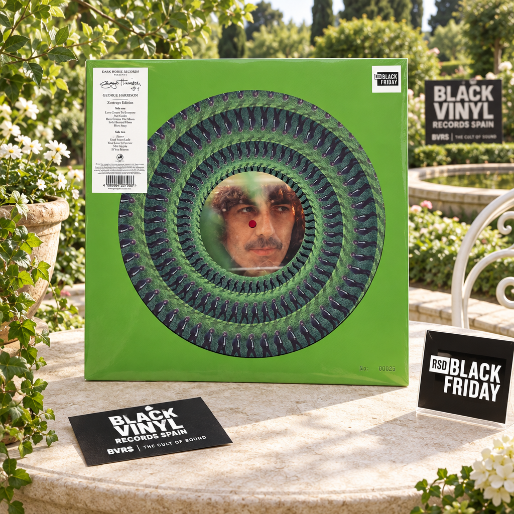 George Harrison en una escena de jardín luminoso con distintivos BVRS y RSD Black Friday