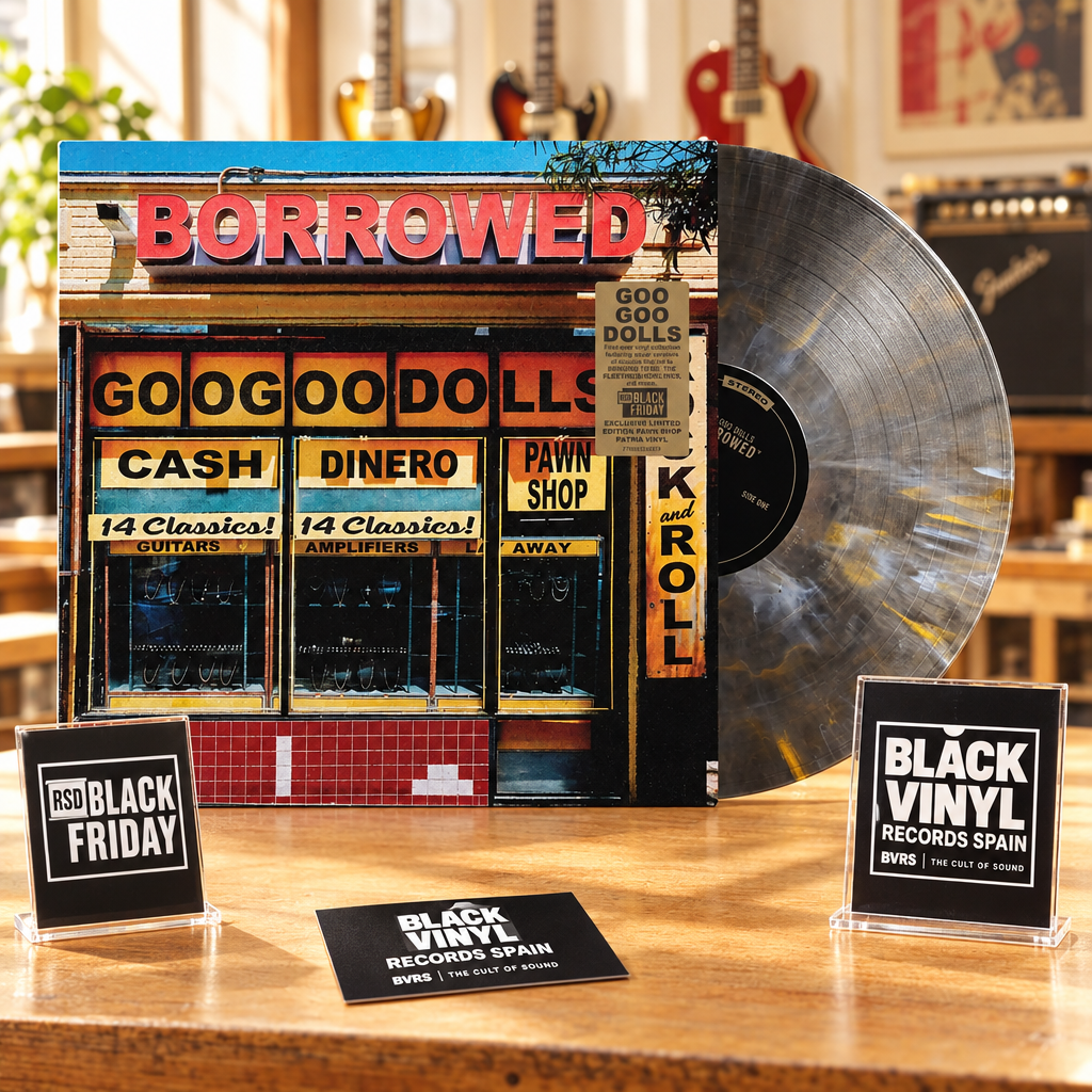Portada y vinilo de Borrowed de Goo Goo Dolls en una tienda de instrumentos con carteles BVRS y RSD Black Friday