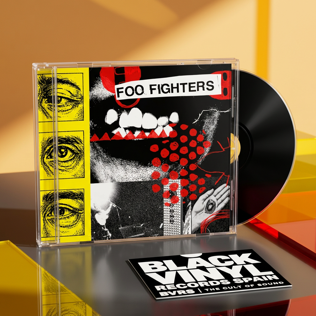 Escena editorial BVRS cálida de Foo Fighters en CD con caja y disco compacto protagonistas