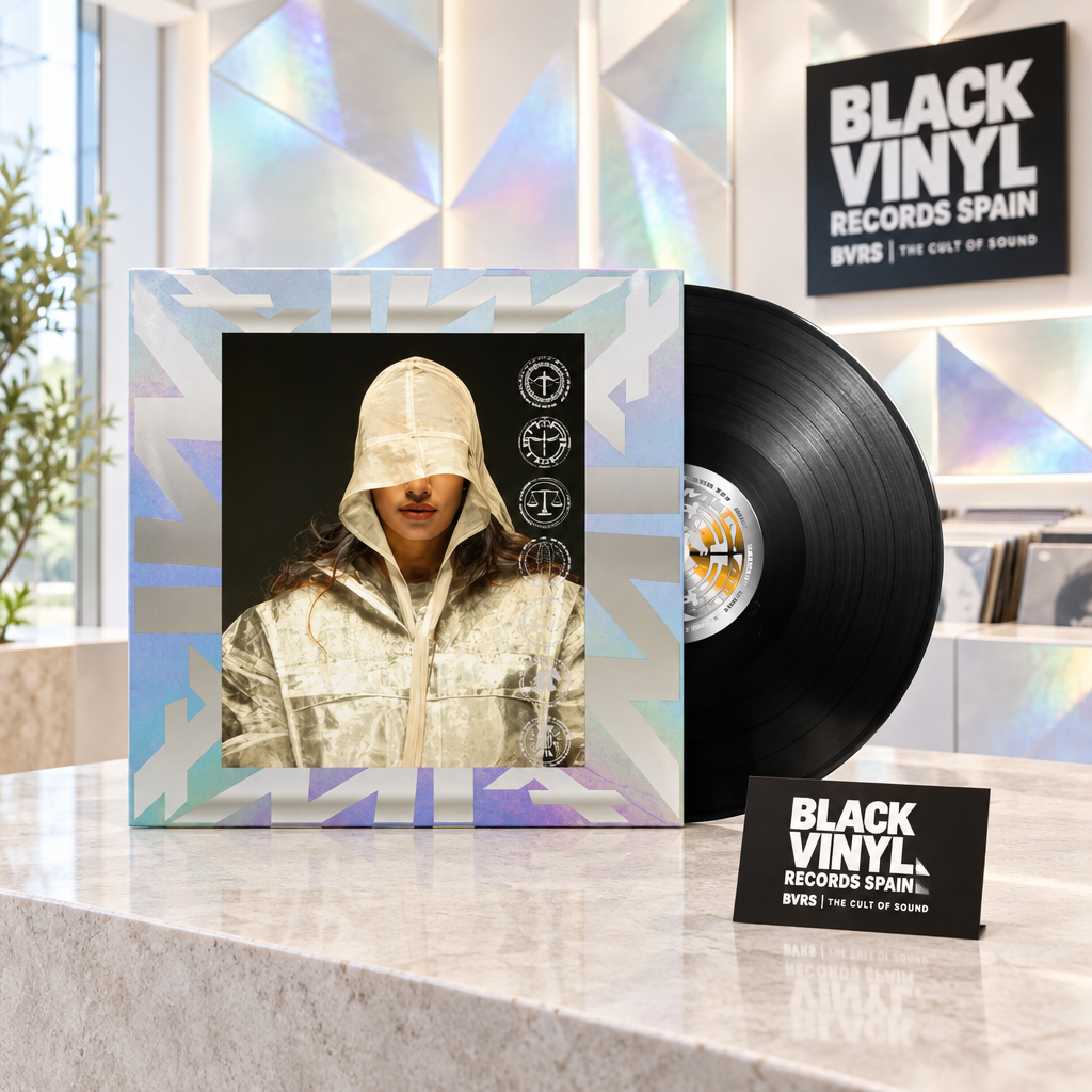 Escena editorial BVRS con vinilo negro y fondo geométrico nacarado inspirado en la portada