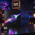 Edición de dos vinilos azul oscuro moteados de estrellas con funda cósmica en una escena espacial de Black Vinyl Records Spain