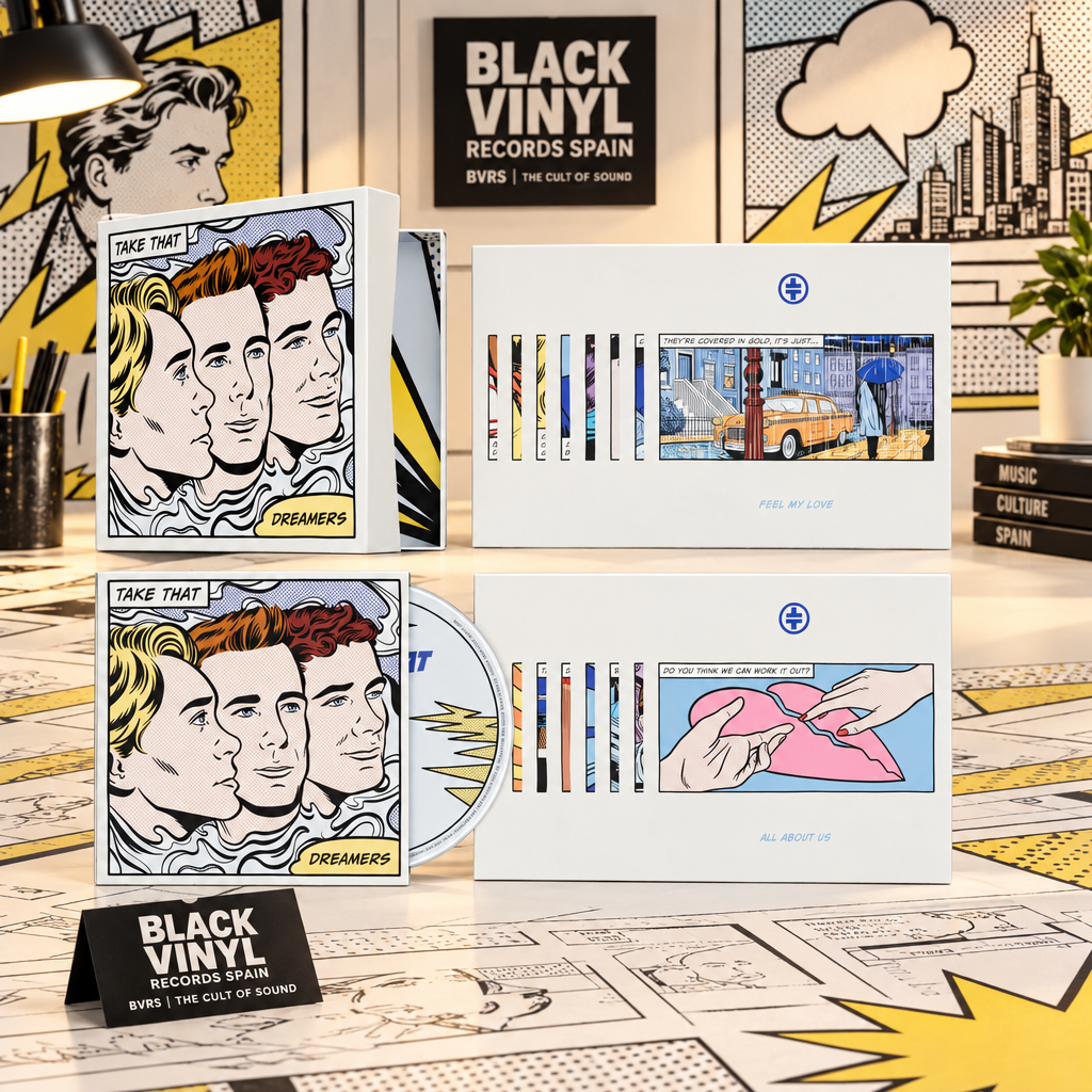 Edición CD con postales de Dreamers de Take That en una escena de cómic
