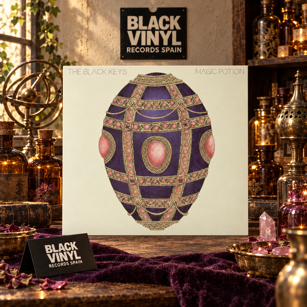 Portada de Magic Potion de The Black Keys en escena de botica antigua, sin disco visible