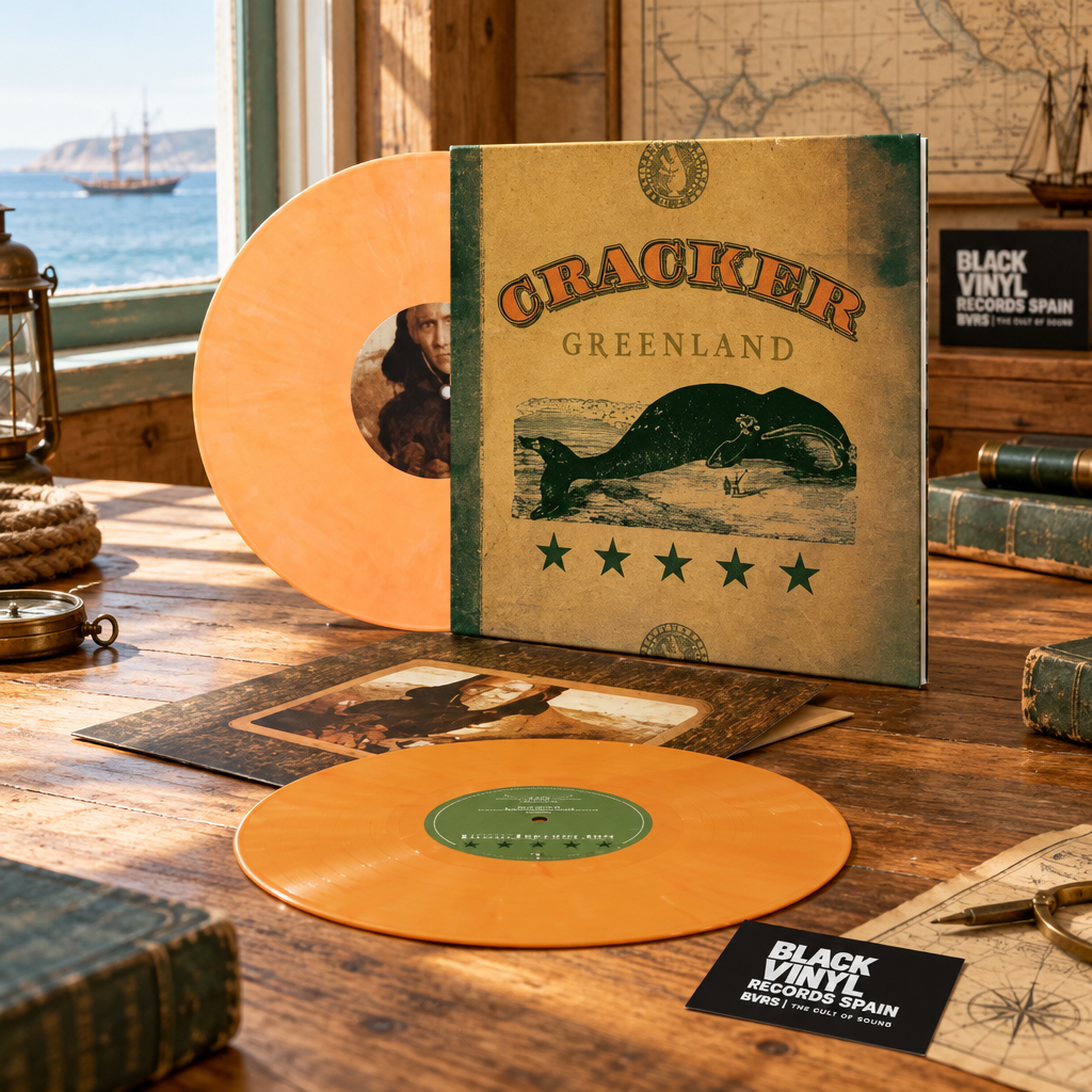 Cracker - Greenland en vinilo naranja, escena editorial BVRS inspirada en la portada