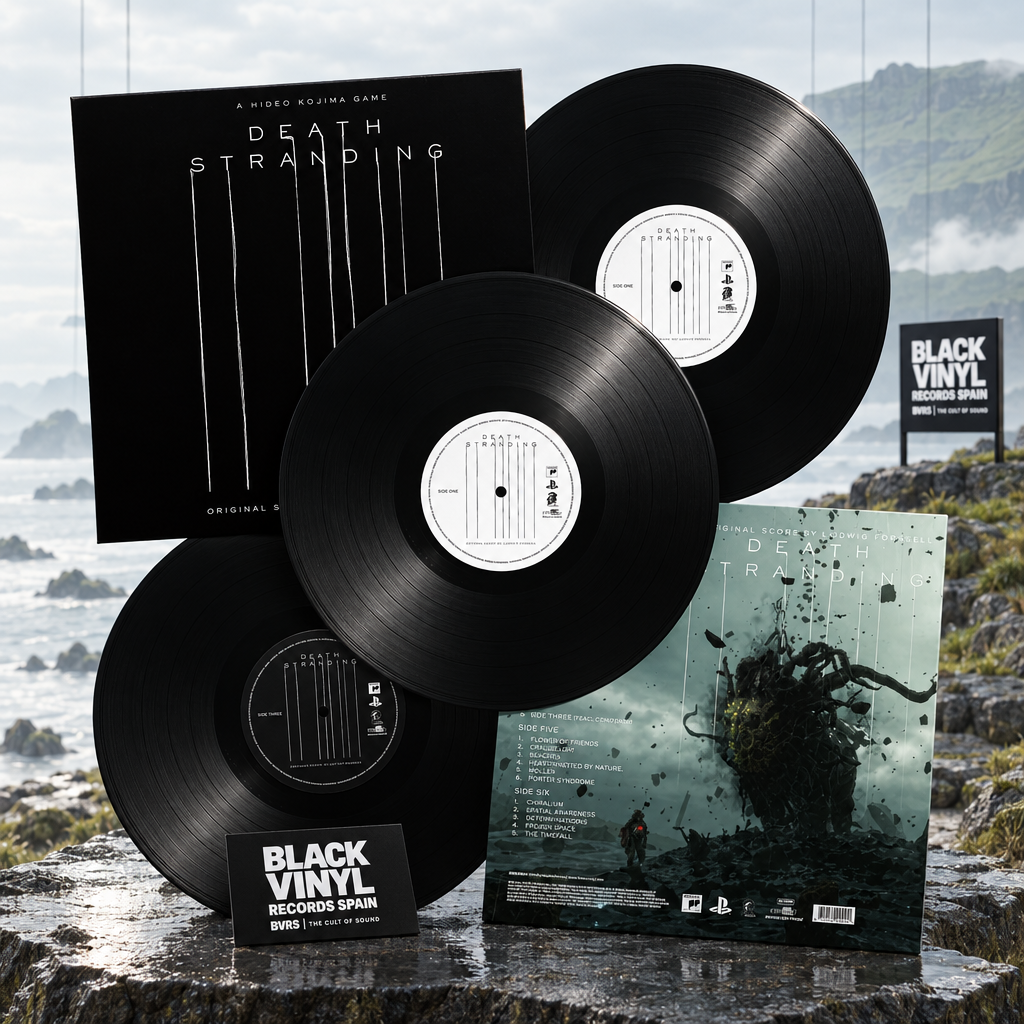 Death Stranding en vinilo en una escena editorial BVRS de costa y niebla