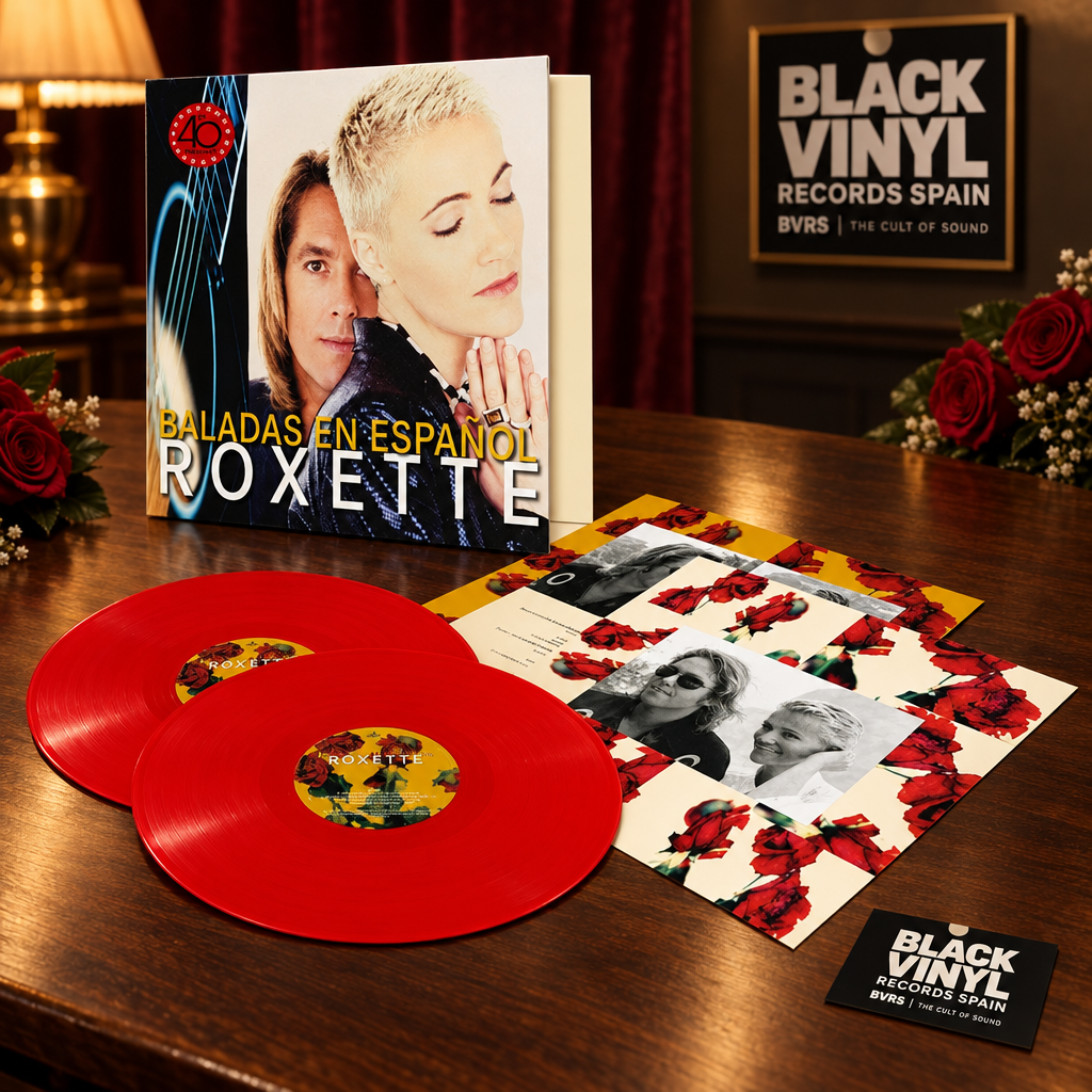 Roxette - Baladas en Español con dos vinilos rojos e insertos, en una escena con rosas y elementos de Black Vinyl Records Spain