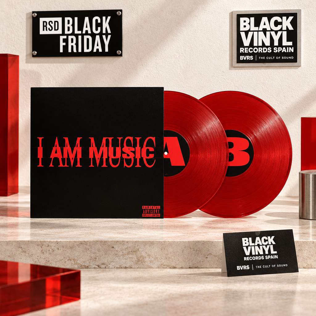 I AM MUSIC, doble vinilo rojo en escena BVRS RSD con fondo luminoso