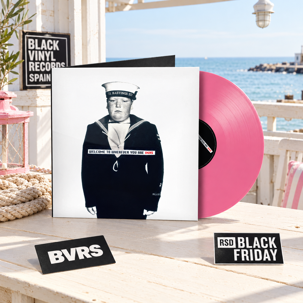 INXS - Welcome to Wherever You Are con vinilo rosa en una terraza marítima luminosa y distintivos BVRS y RSD Black Friday