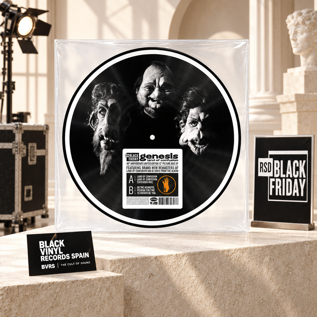 Picture disc de Genesis en un escenario teatral luminoso con distintivo RSD Black Friday