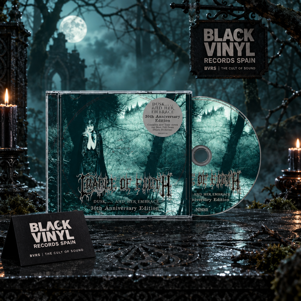 CD de Dusk and Her Embrace de Cradle of Filth en una escena de bosque nocturno BVRS