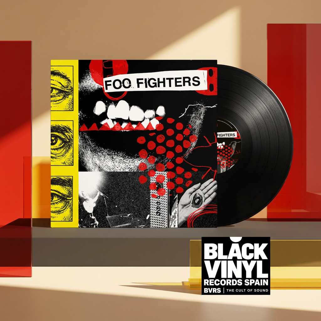 Escena editorial BVRS cálida de Foo Fighters Your Favorite Toy con portada y vinilo negro protagonistas