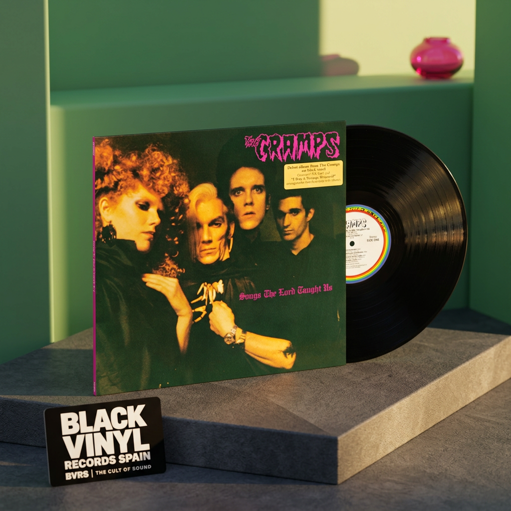 Escena editorial BVRS cálida de The Cramps Songs The Lord Taught Us con portada y vinilo negro protagonistas