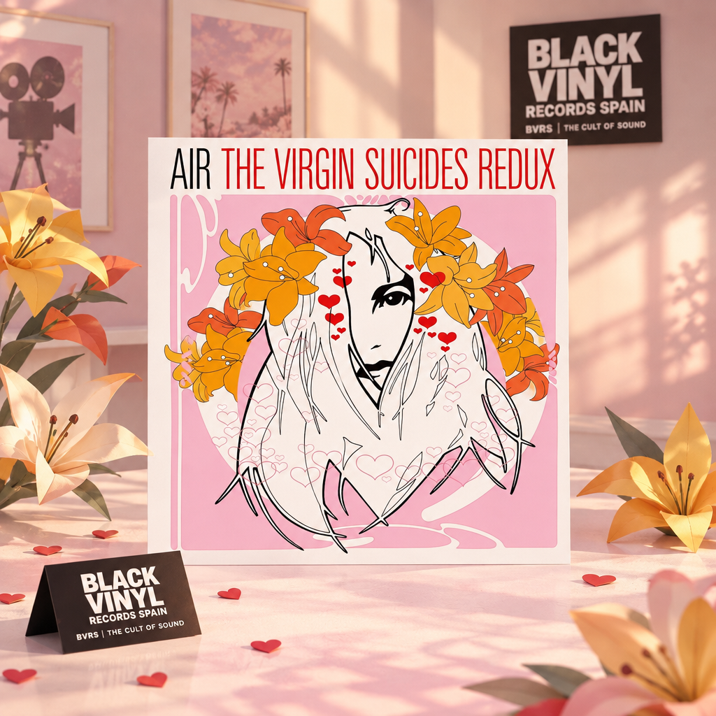 Portada de The Virgin Suicides Redux de Air en una escena rosa con flores, sin disco visible