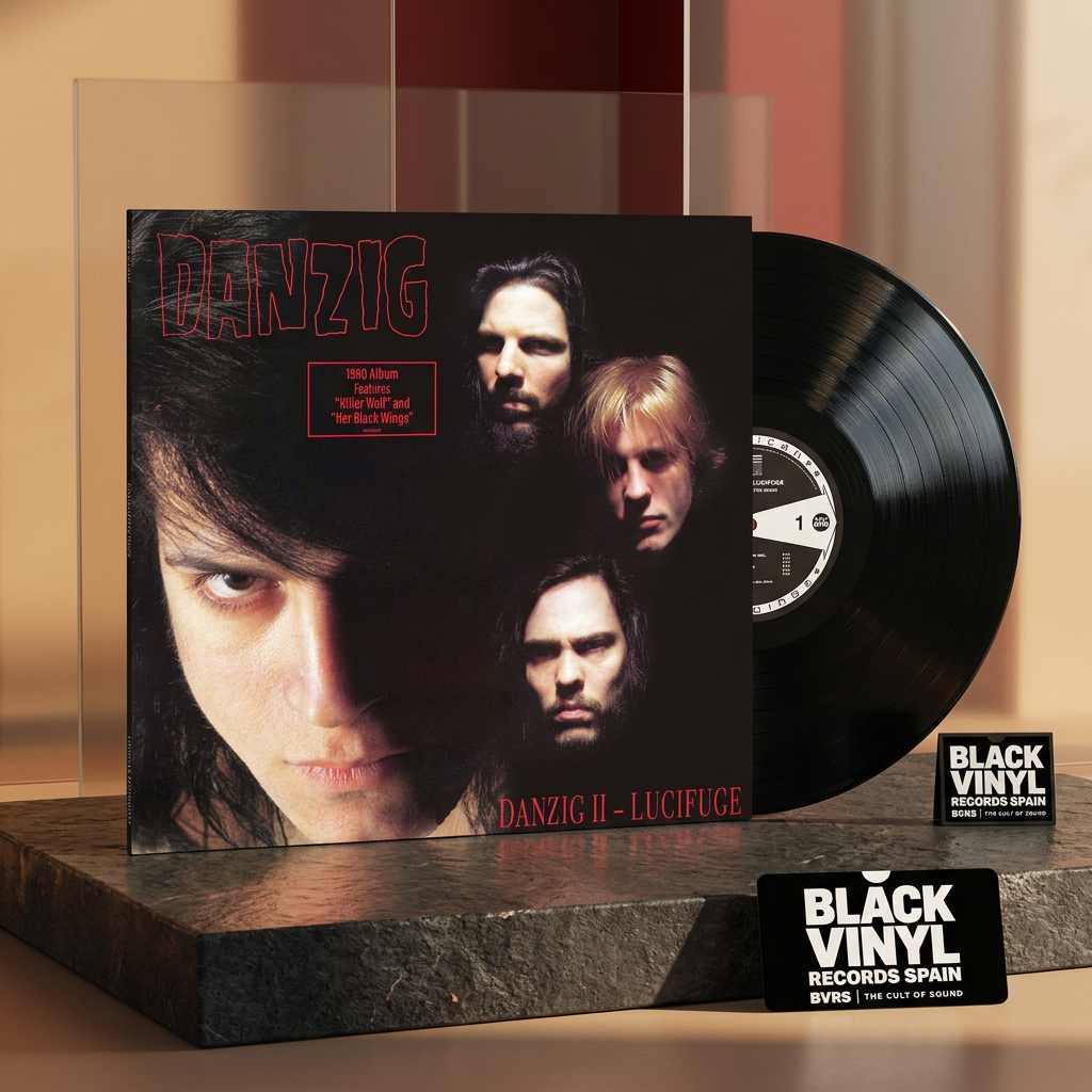 Escena editorial BVRS cálida de Danzig II Lucifuge con portada y vinilo negro protagonistas