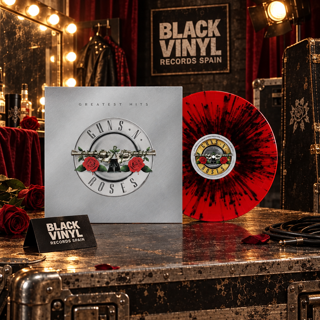 Vinilo rojo y negro de Greatest Hits de Guns N’ Roses en una escena de backstage