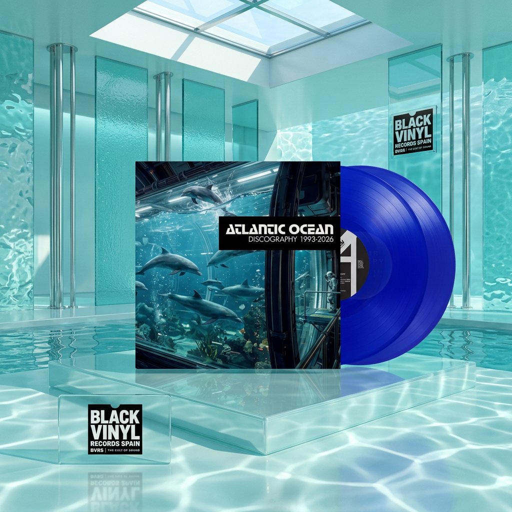Escena editorial BVRS de Atlantic Ocean con cristal turquesa, reflejos acuáticos y dos vinilos azules