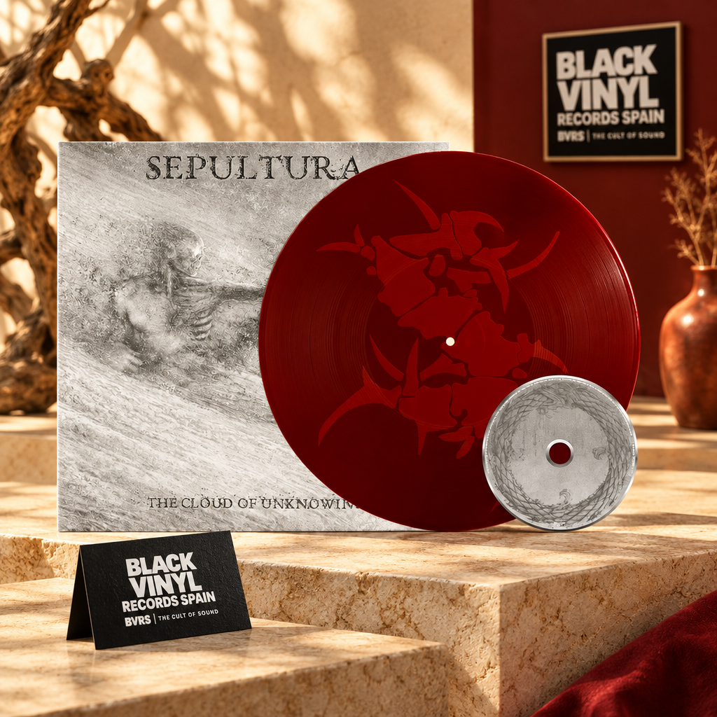 Sepultura con disco rojo y disco pequeño plateado en una escena cálida de Black Vinyl Records Spain