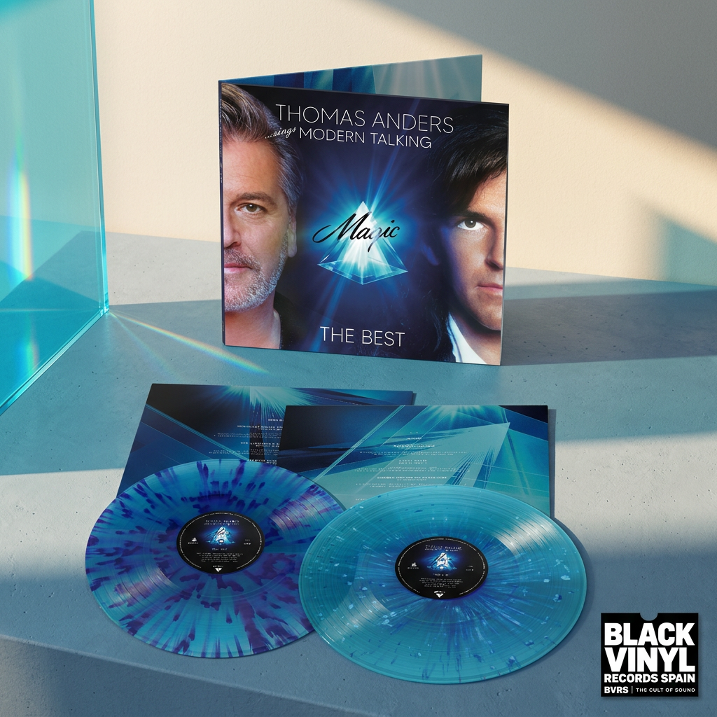 Escena editorial BVRS de Thomas Anders Magic The Best con portada, fundas y dos vinilos azules protagonistas