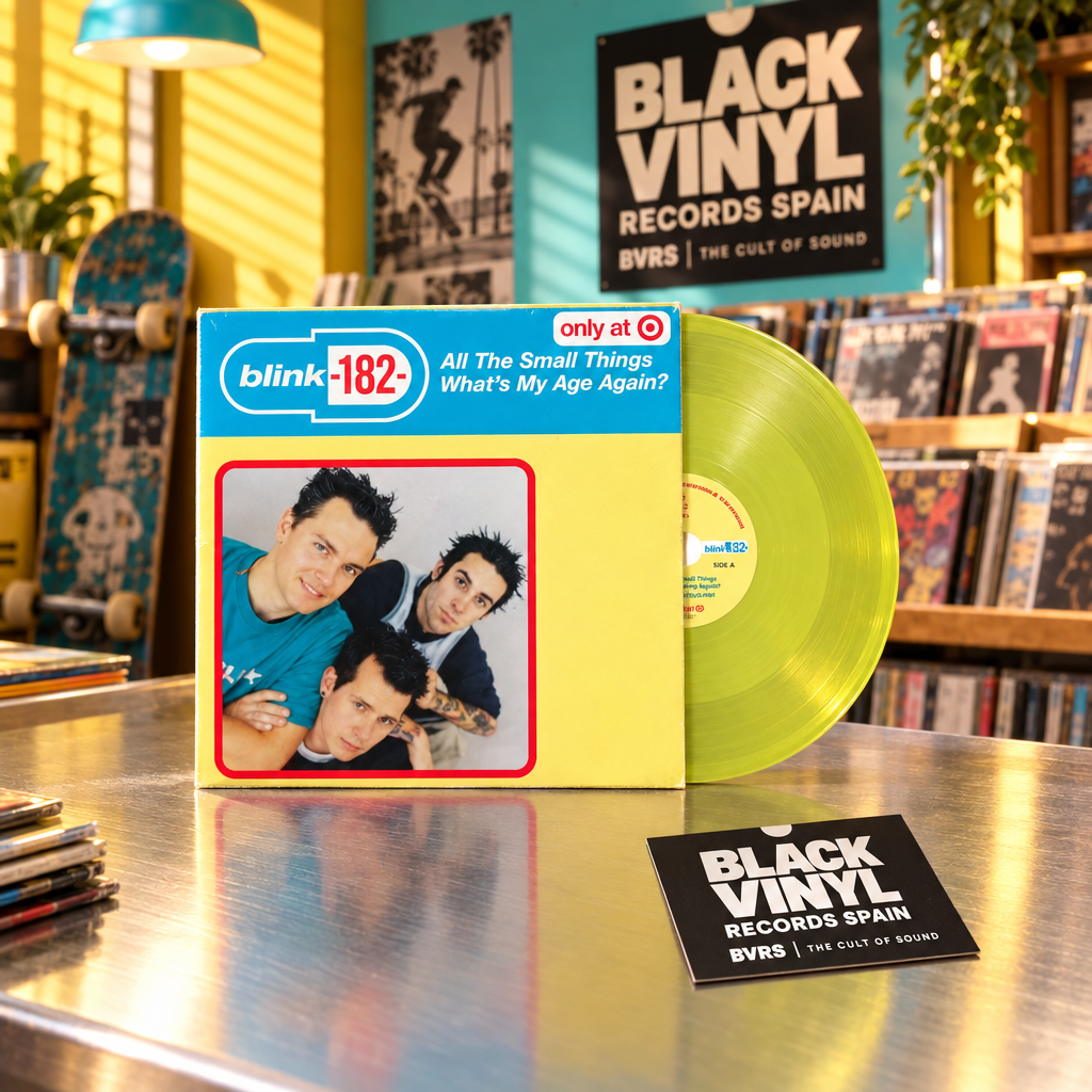 blink-182, portada y vinilo amarillo en una escena BVRS de tienda de discos en tonos amarillo y turquesa