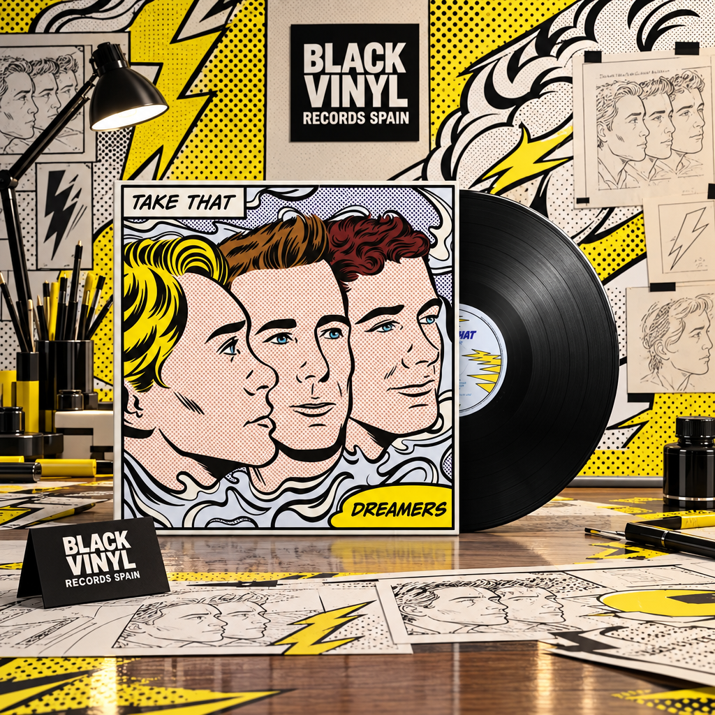 Vinilo Dreamers de Take That en una escena de estilo cómic para Black Vinyl Records Spain