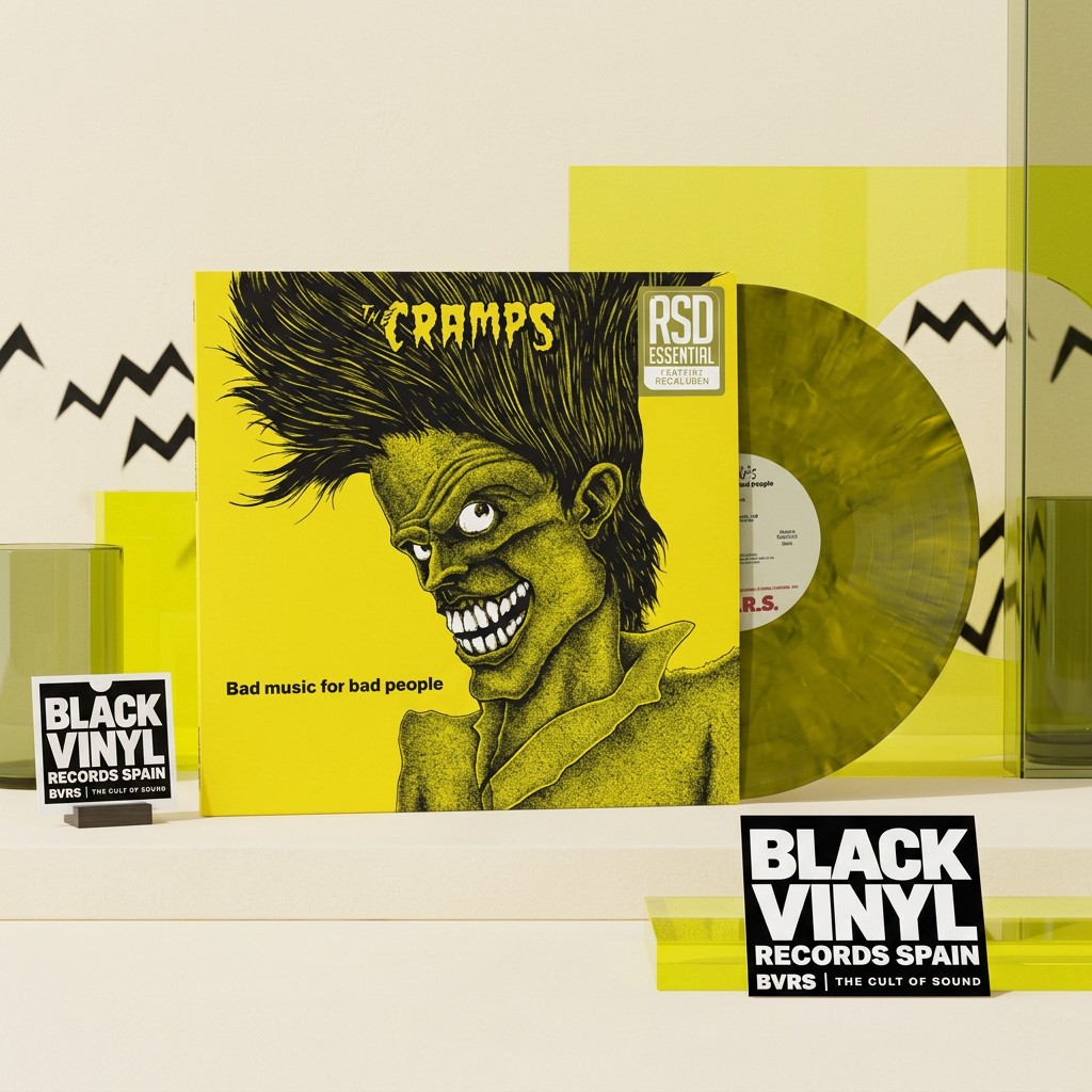 Escena editorial BVRS inspirada en The Cramps - Bad Music for Bad People, en amarillo ácido y verde oliva