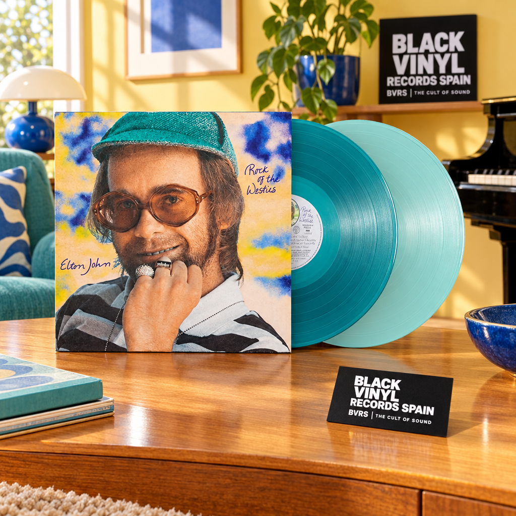 Elton John - Rock of the Westies, escena editorial BVRS con vinilos turquesa y ambiente setentero