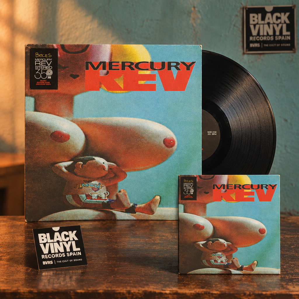 Mercury Rev - Boces con vinilo negro en una escena BVRS de tonos turquesa y naranja.