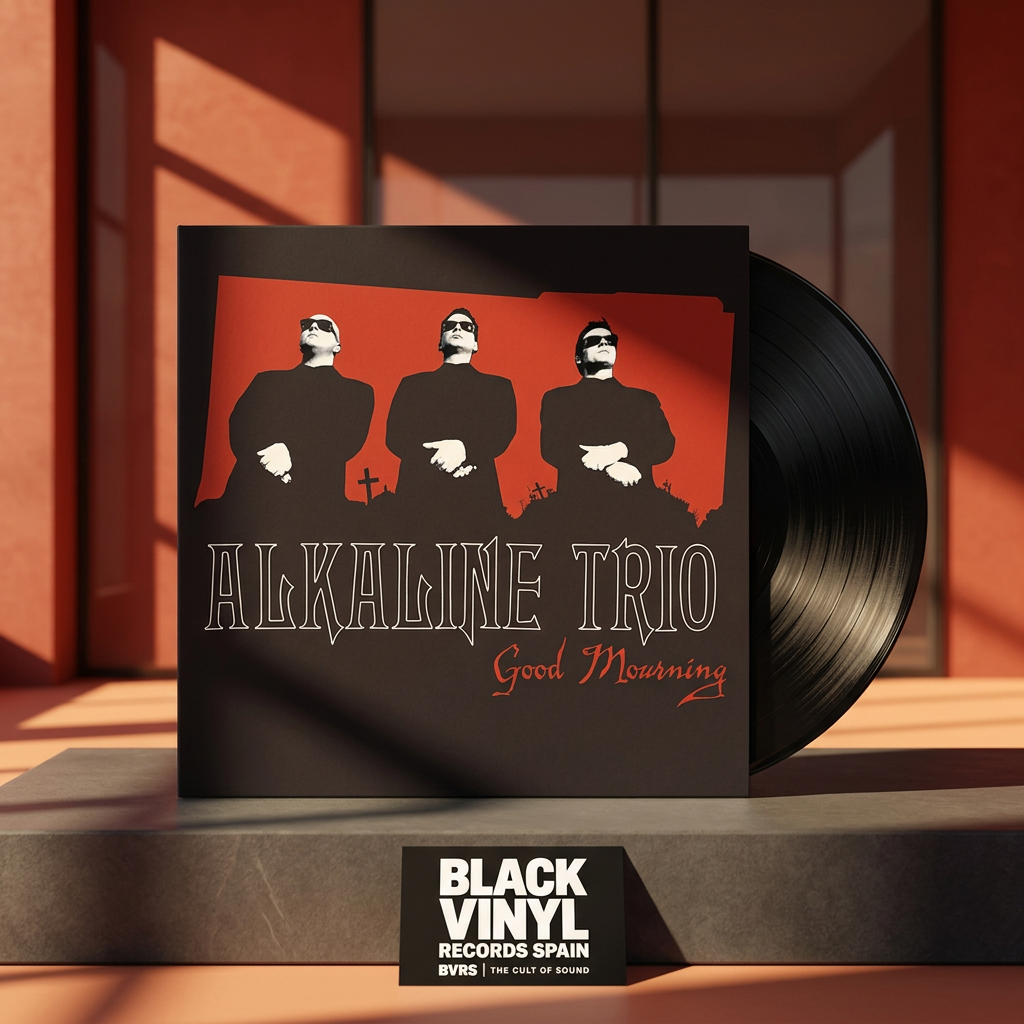 Escena editorial BVRS cálida de Alkaline Trio Good Mourning con portada y vinilo negro protagonistas