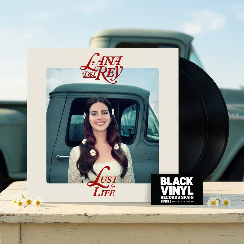 Lana Del Rey - Lust for Life en doble vinilo negro, escena BVRS con camioneta verde y margaritas