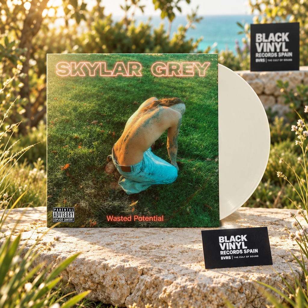 Skylar Grey - Wasted Potential, escena editorial BVRS en un jardín luminoso con vinilo claro