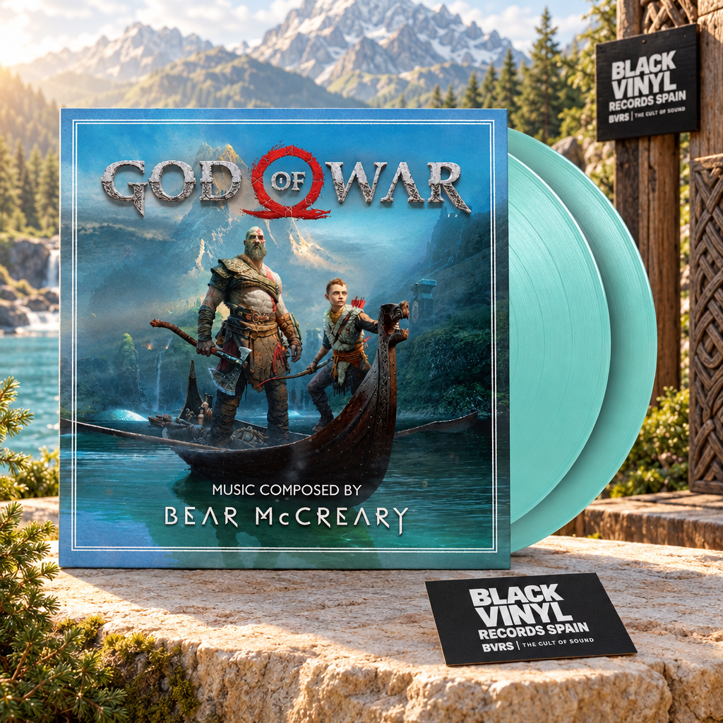 God of War de Bear McCreary con dos vinilos turquesa en un paisaje de lago y montañas, escena BVRS