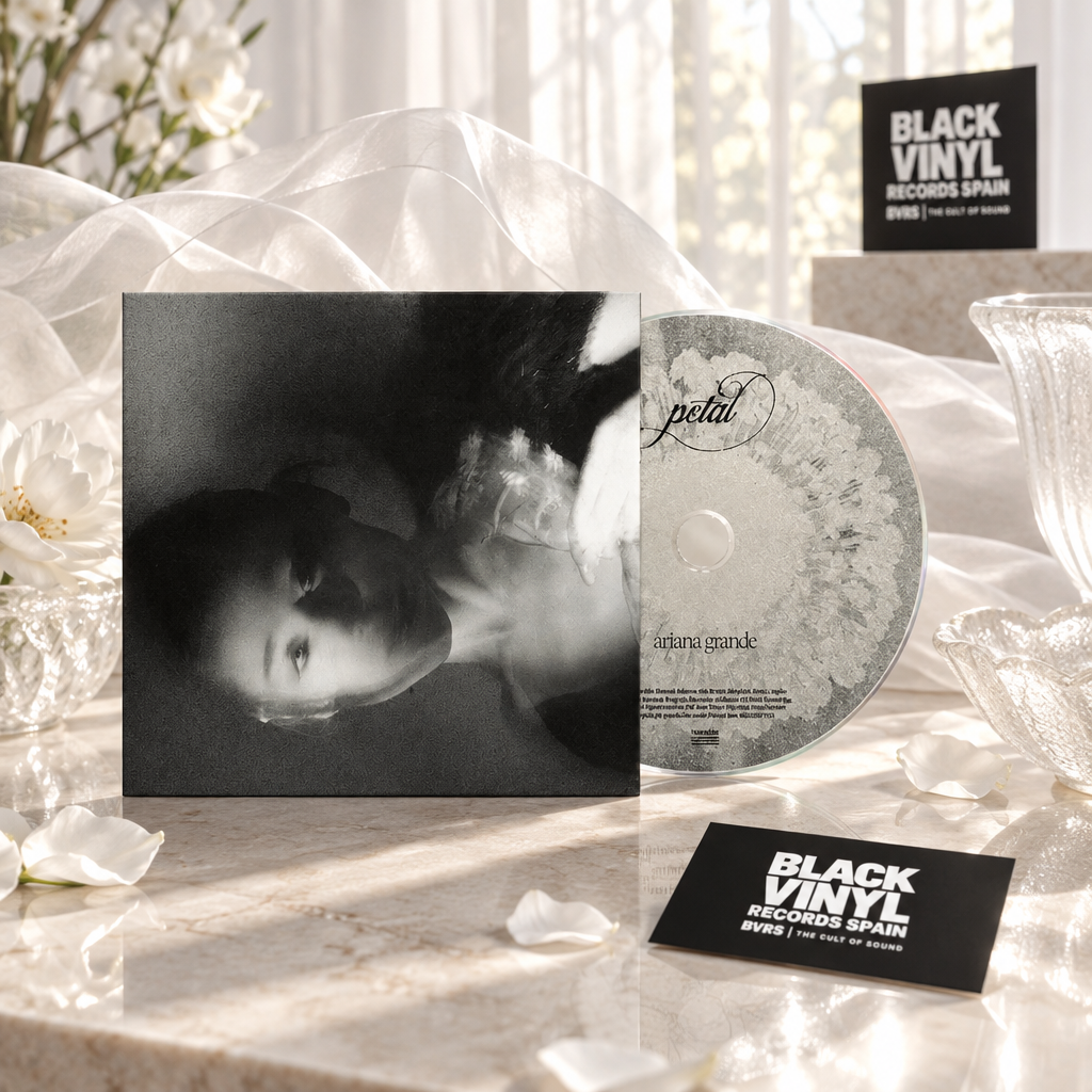 Packshot de Ariana Grande en una escena luminosa con pétalos blancos y tarjetas de Black Vinyl Records Spain