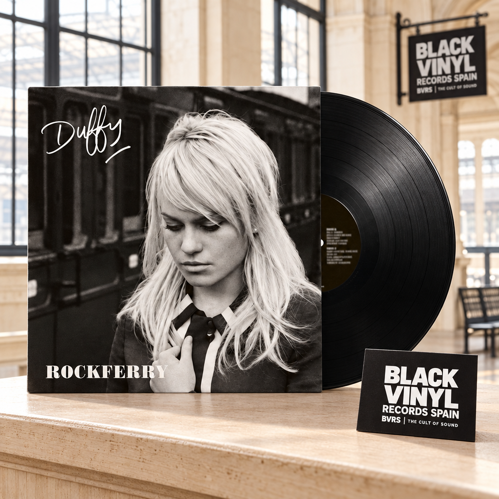 Duffy Rockferry con vinilo negro en una escena editorial BVRS