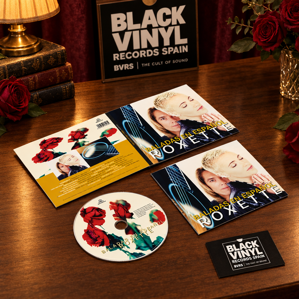 Roxette - Baladas en Español en CD con libreto y desplegable, sobre madera con rosas y elementos de Black Vinyl Records Spain