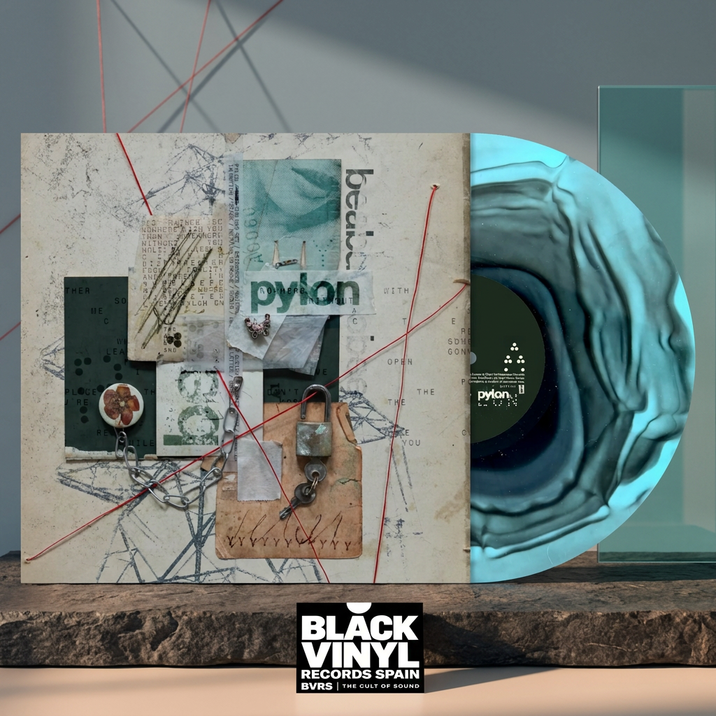 Escena editorial BVRS cálida de Pylon con portada de collage y vinilo turquesa protagonistas