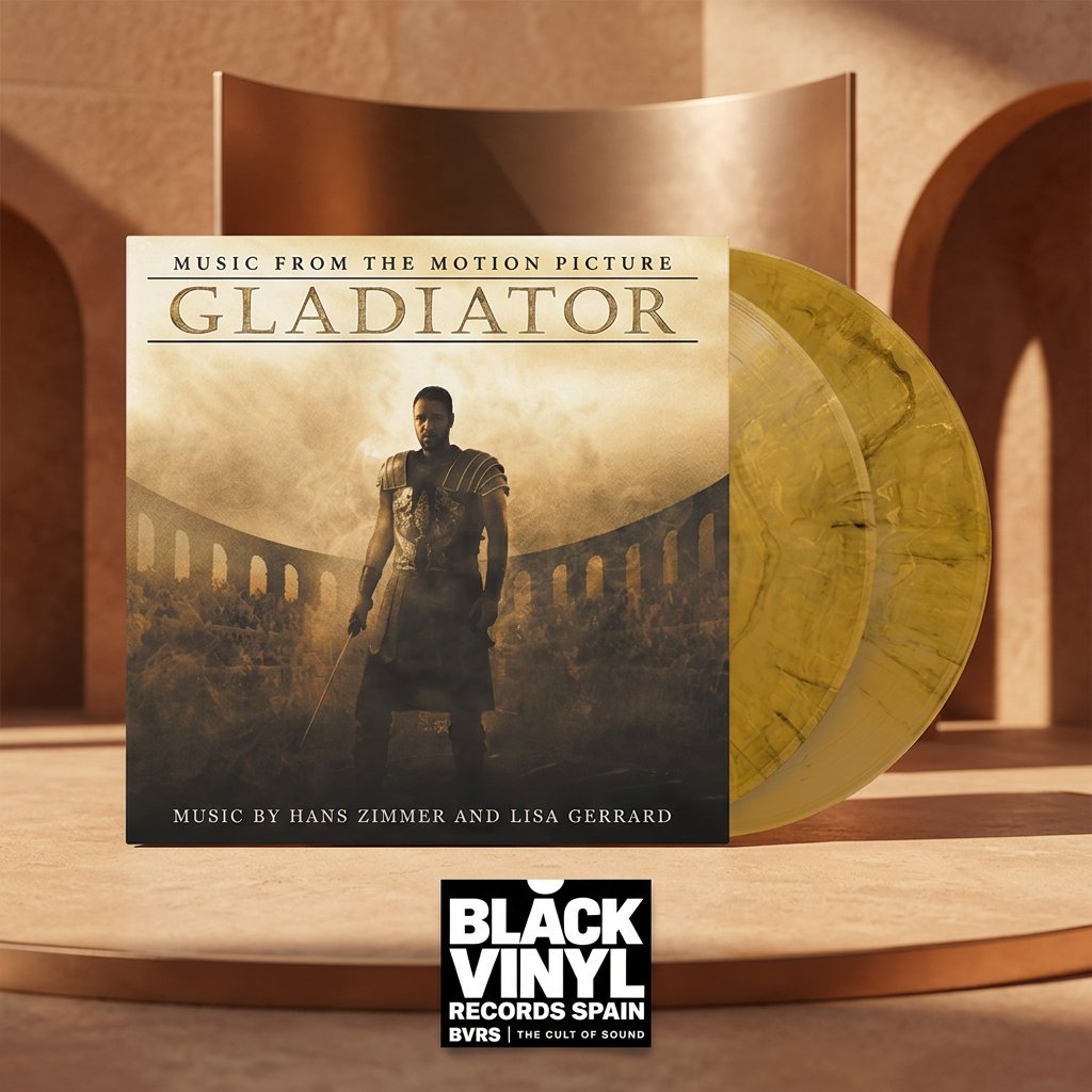 Escena editorial BVRS cálida y cinematográfica de Gladiator con portada y vinilos dorados protagonistas