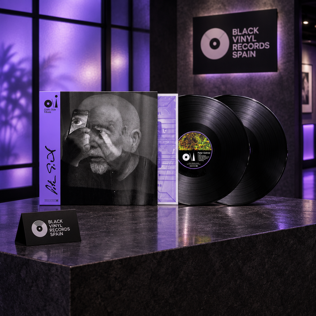 Peter Gabriel Dark-Side Mixes con franja violeta y dos vinilos negros en escena BVRS