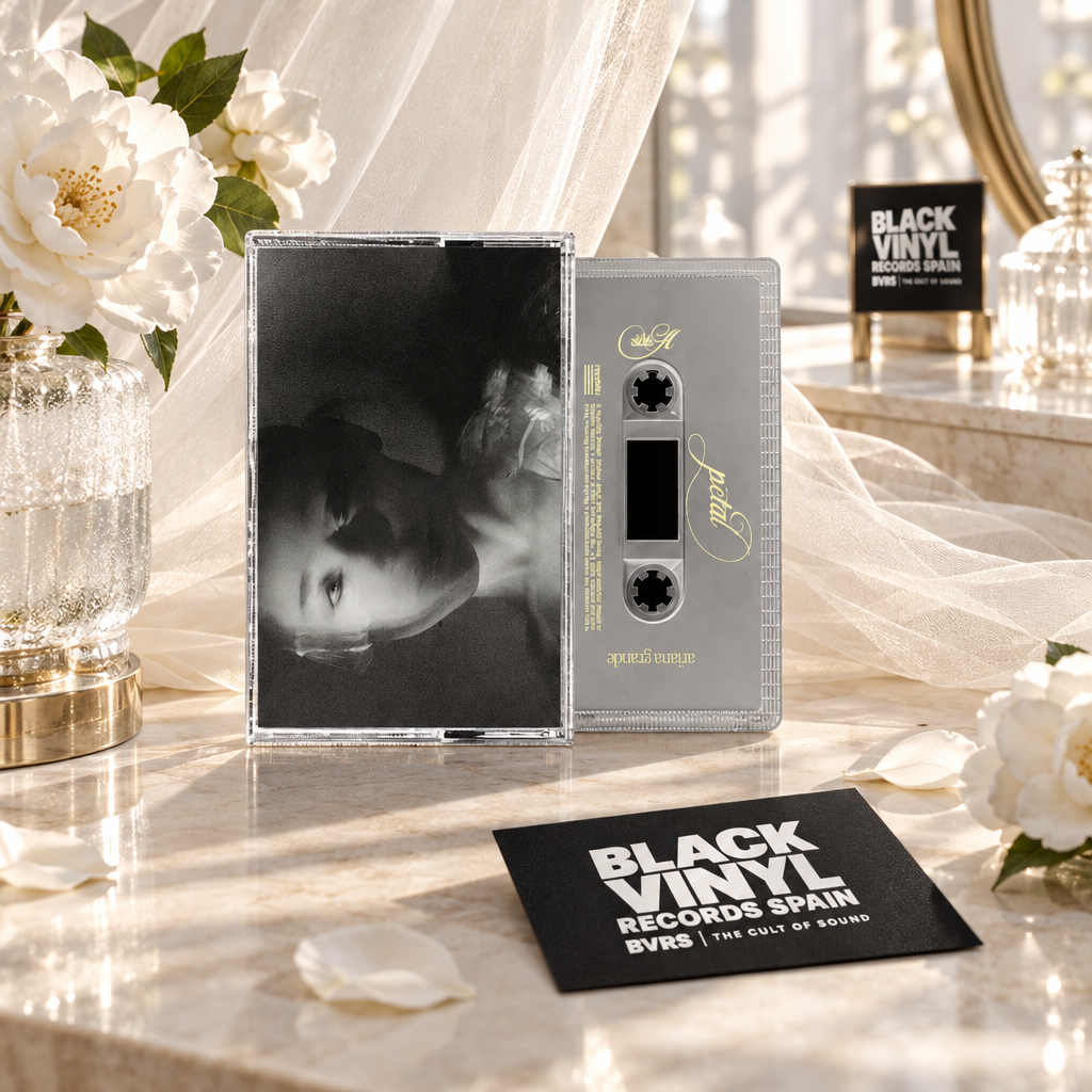 Cassette gris de Ariana Grande con tul marfil, flores blancas y tarjeta de Black Vinyl Records Spain