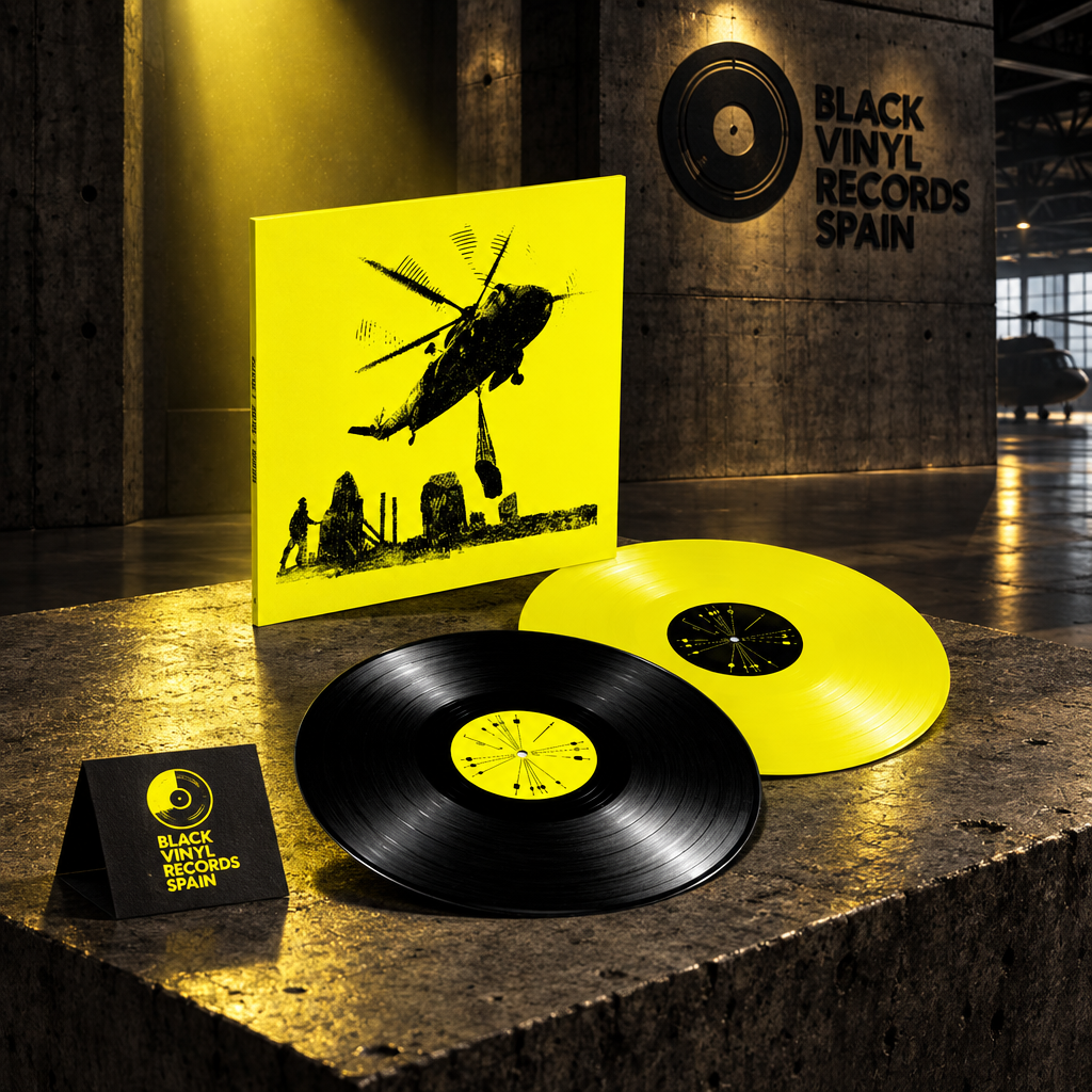 Funda amarilla con helicóptero y dos vinilos, uno negro y otro amarillo, en escena BVRS