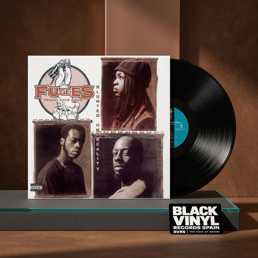 Escena editorial BVRS cálida de Fugees Blunted On Reality con portada y vinilo negro protagonistas