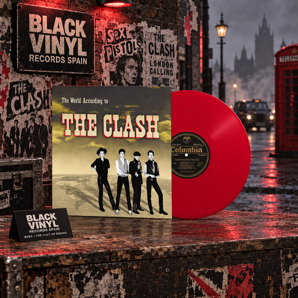 Portada The World According to The Clash y vinilo rojo en escena urbana punk BVRS