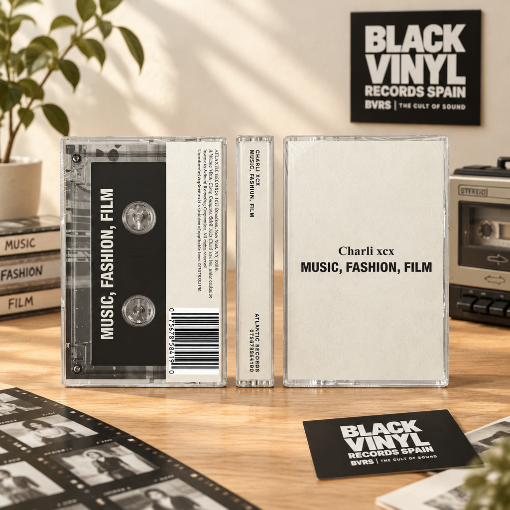 Cassette Charli xcx Music, Fashion, Film en una escena luminosa con cartel y tarjeta de Black Vinyl Records Spain.