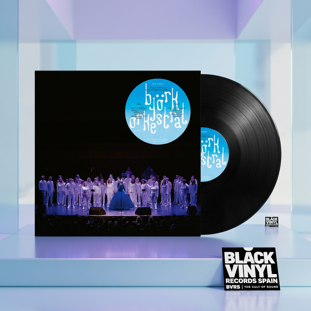 Escena editorial BVRS de Björk con portada y vinilo negro protagonistas en un ambiente azul y violeta