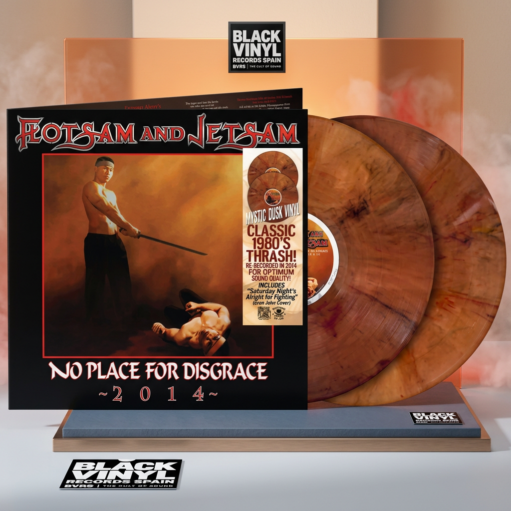 Escena editorial BVRS de Flotsam and Jetsam en cobre y ámbar con portada y dos vinilos protagonistas